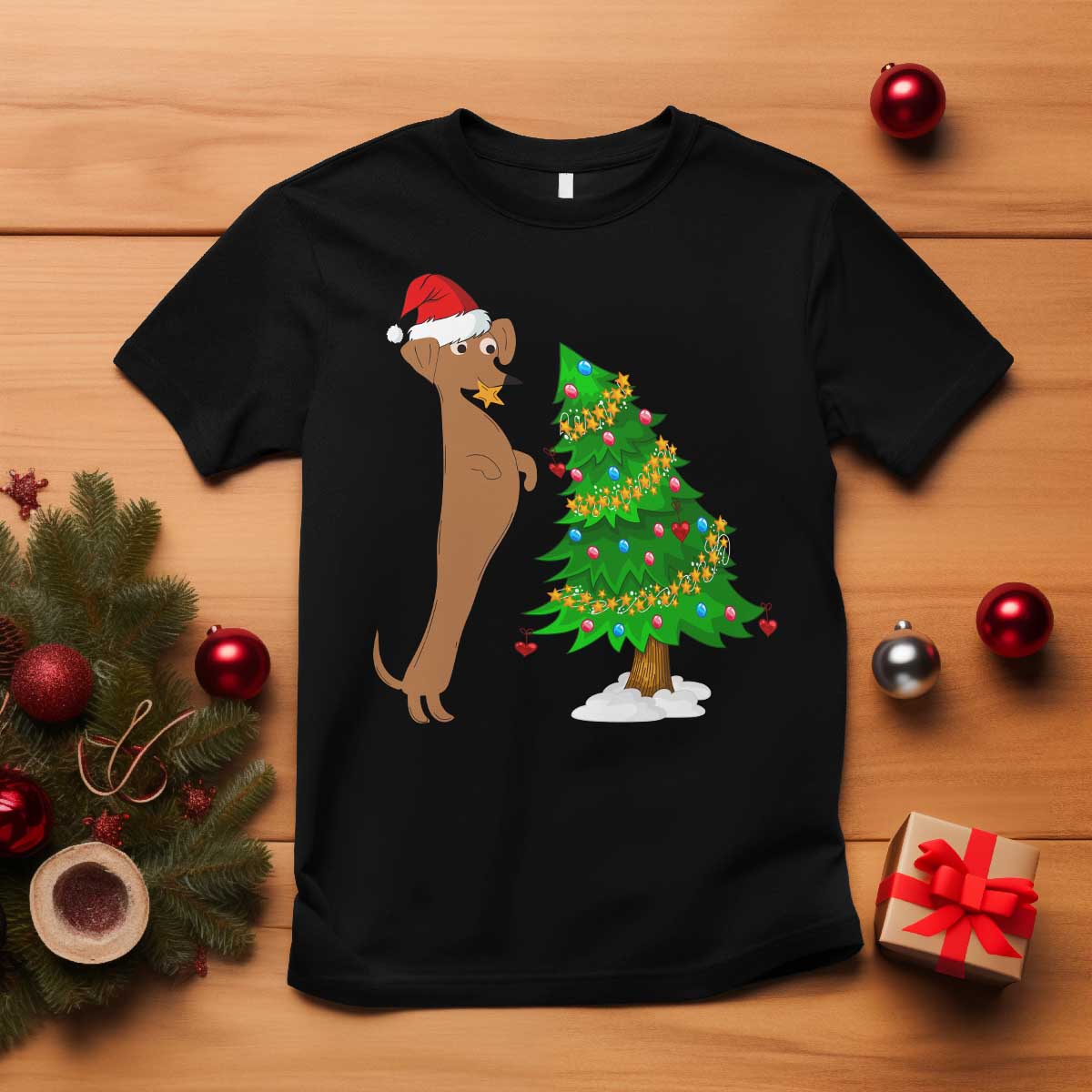 Funny Christmas Wiener Dog T Shirt Decorations Xmas Tree - Wonder Print Shop