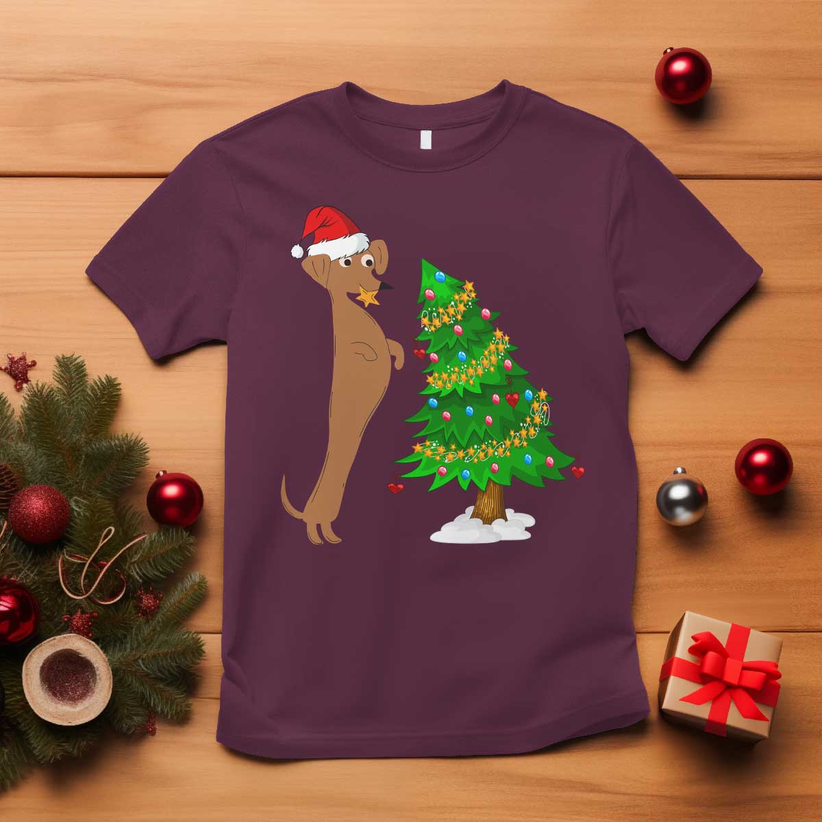 Funny Christmas Wiener Dog T Shirt Decorations Xmas Tree - Wonder Print Shop