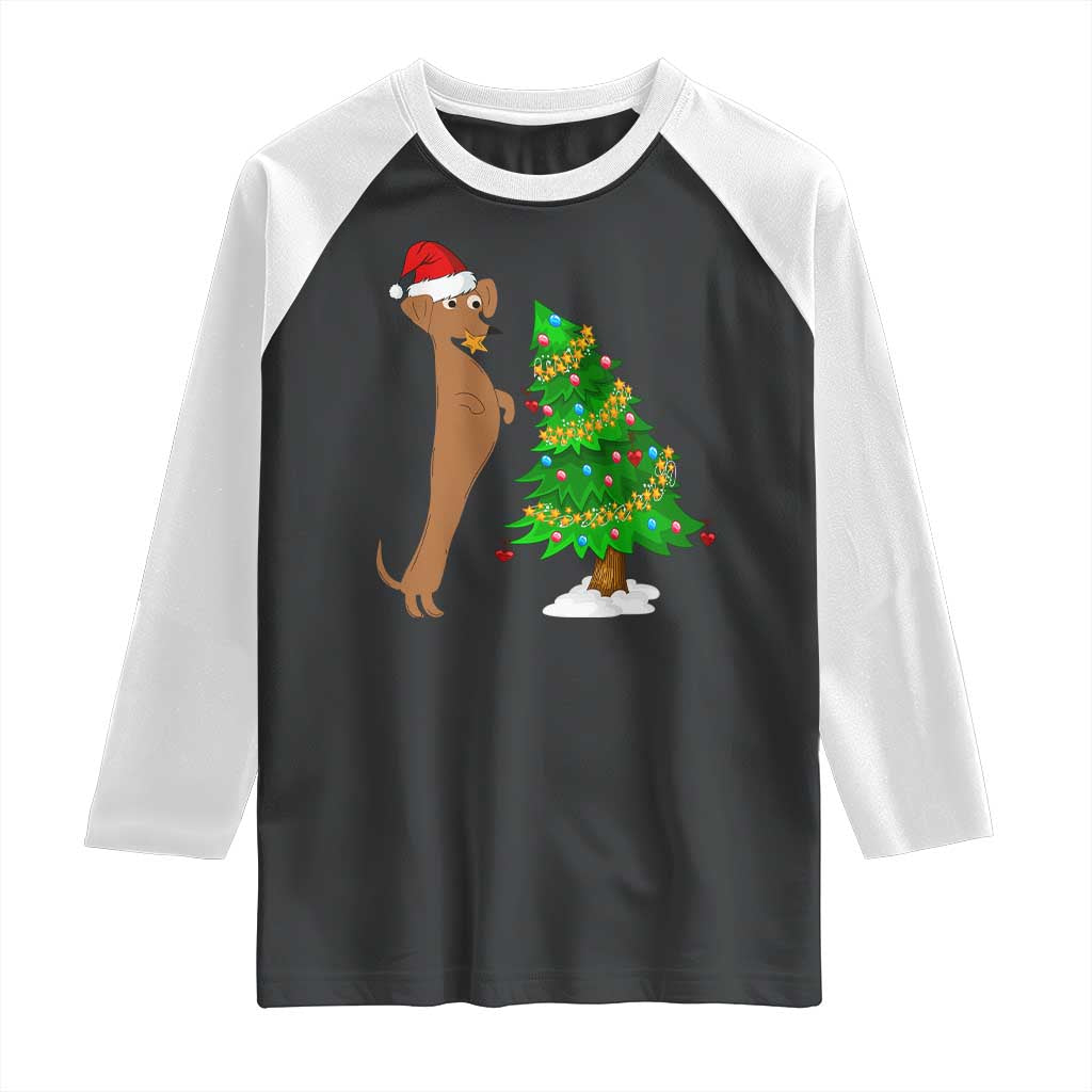 Funny Christmas Wiener Dog Raglan Shirt Decorations Xmas Tree - Wonder Print Shop