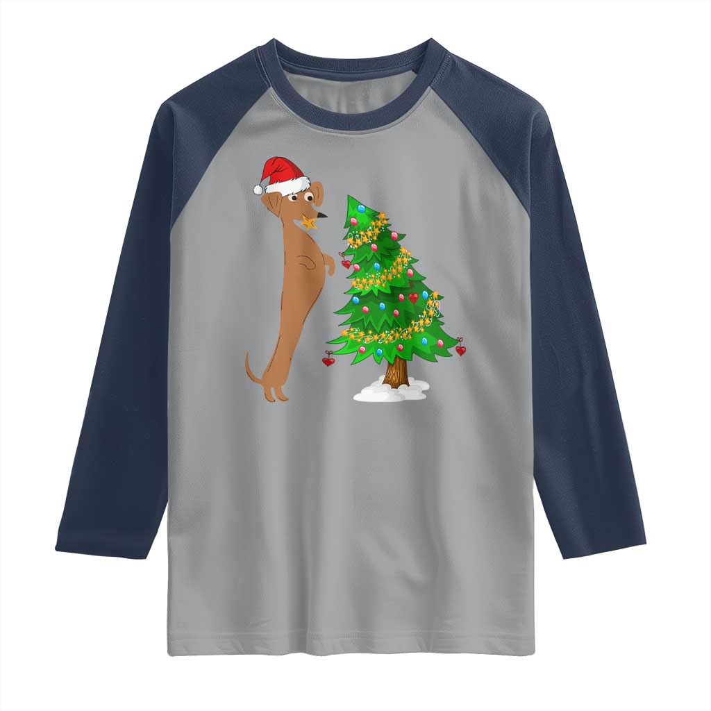 Funny Christmas Wiener Dog Raglan Shirt Decorations Xmas Tree - Wonder Print Shop