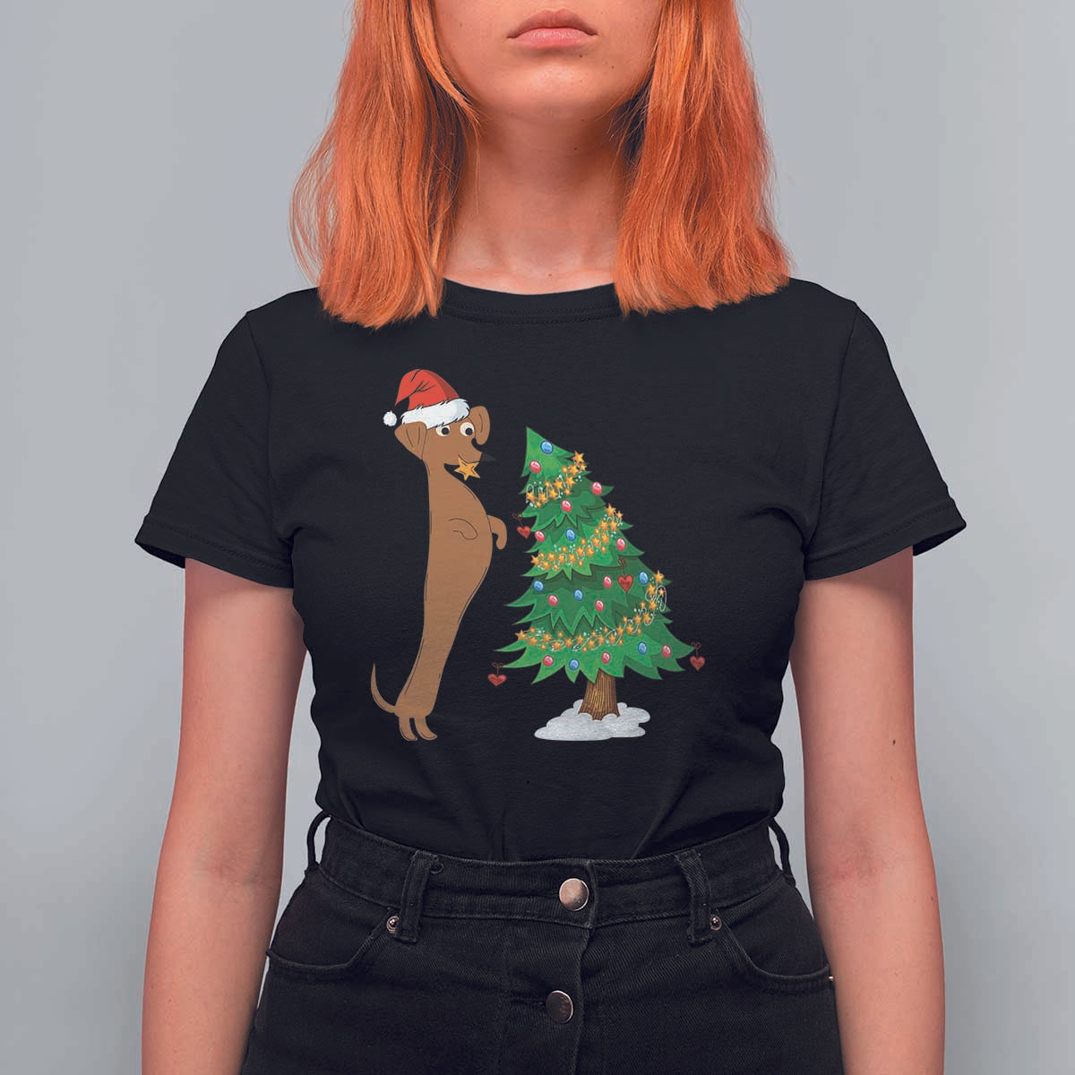 Funny Christmas Wiener Dog T Shirt For Women Decorations Xmas Tree - Wonder Print Shop