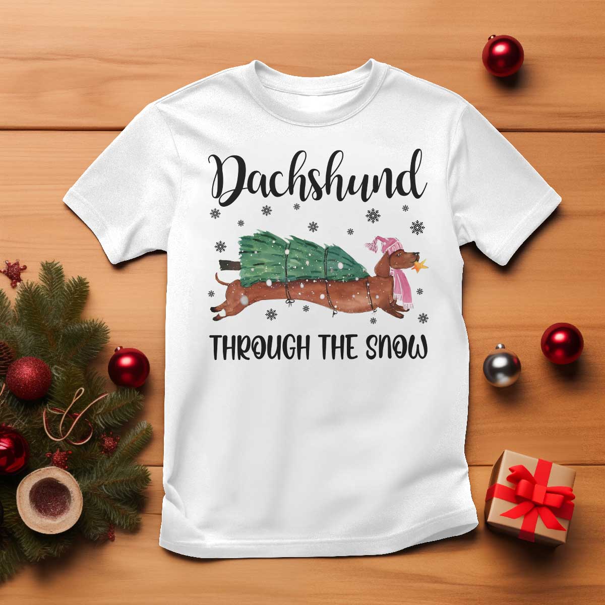 Funny Christmas Wiener Dog T Shirt Dachshund Through The Snow Xmas Tree - Wonder Print Shop