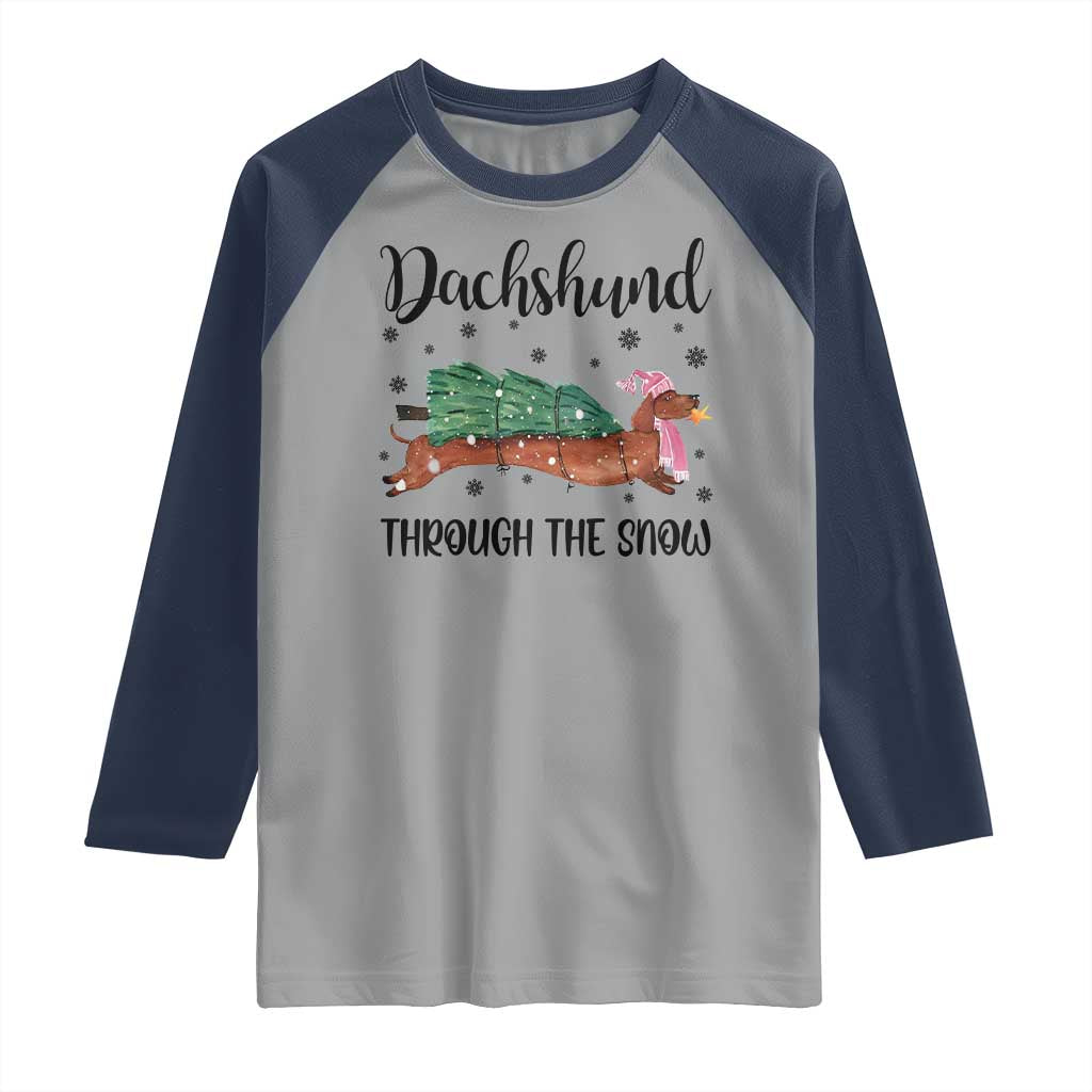 Funny Christmas Wiener Dog Raglan Shirt Dachshund Through The Snow Xmas Tree - Wonder Print Shop