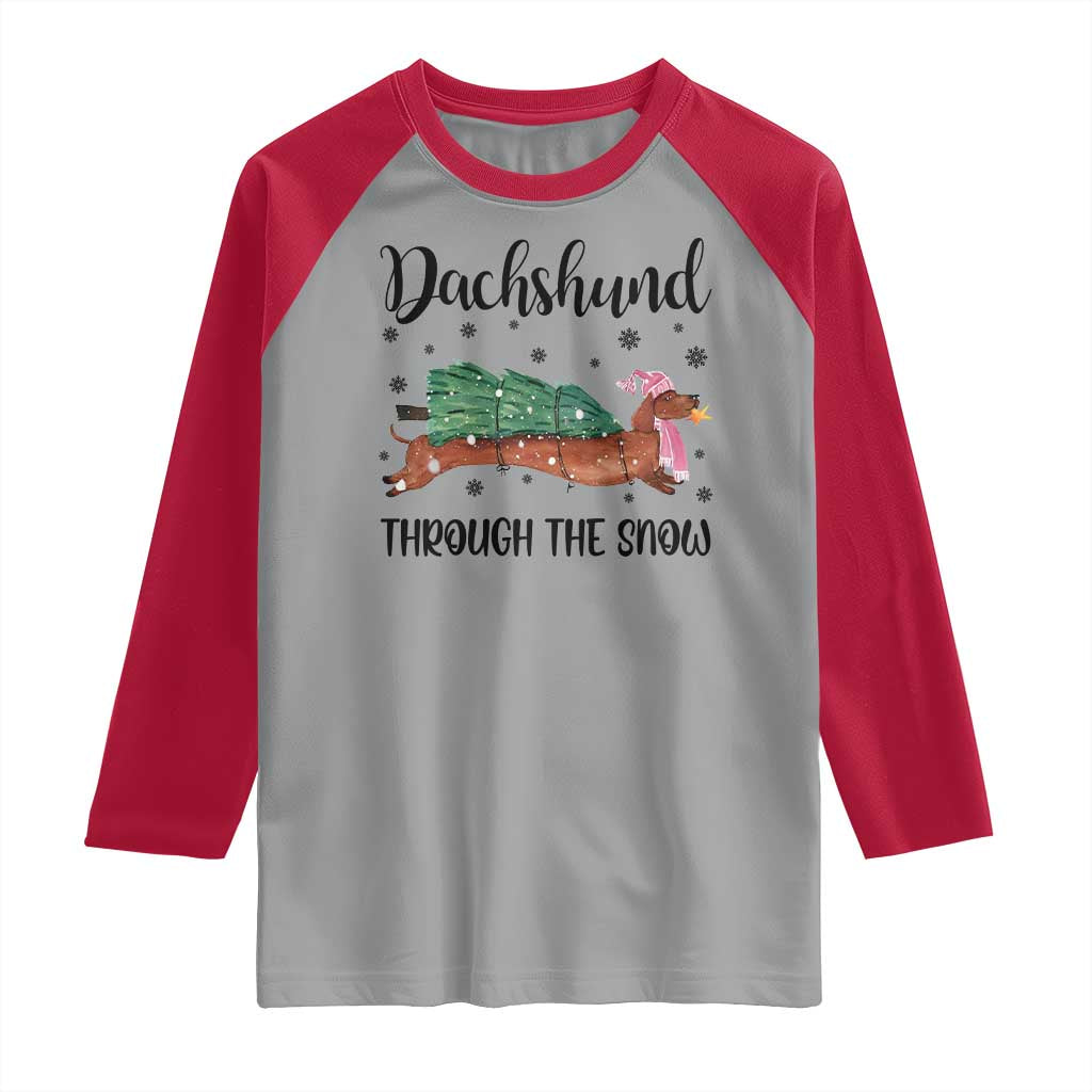 Funny Christmas Wiener Dog Raglan Shirt Dachshund Through The Snow Xmas Tree - Wonder Print Shop