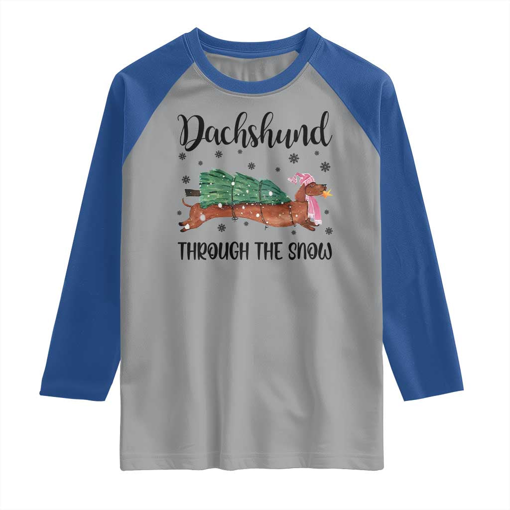 Funny Christmas Wiener Dog Raglan Shirt Dachshund Through The Snow Xmas Tree - Wonder Print Shop