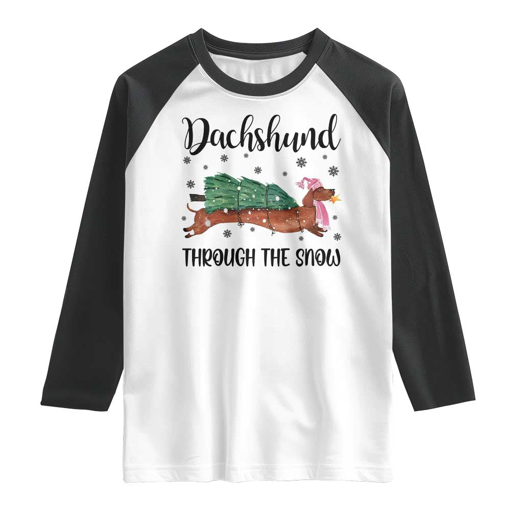 Funny Christmas Wiener Dog Raglan Shirt Dachshund Through The Snow Xmas Tree - Wonder Print Shop