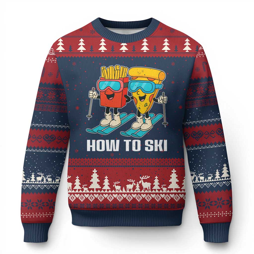 Funny Skiing Food Lover Ugly Christmas Sweater How To Ski Pizza French Fries Skier - Wonder Print Shop