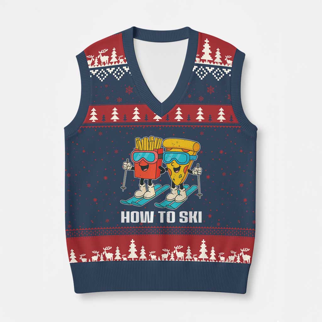 Funny Skiing Food Lover V-Neck Knit Sweater Vest How To Ski Pizza French Fries Skier - Wonder Print Shop