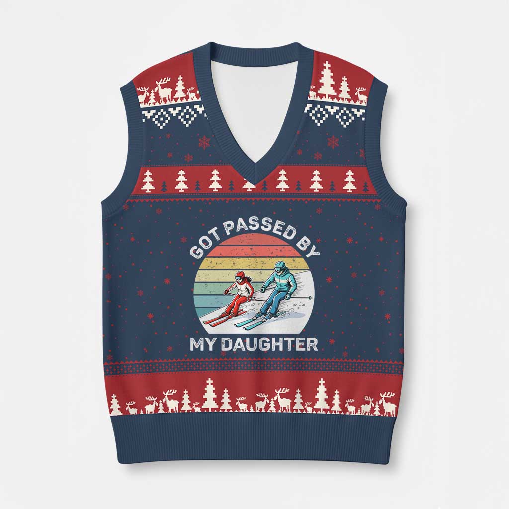 Funny Skiing Dad V-Neck Knit Sweater Vest Got Passed By My Daughter Retro Vintage - Wonder Print Shop