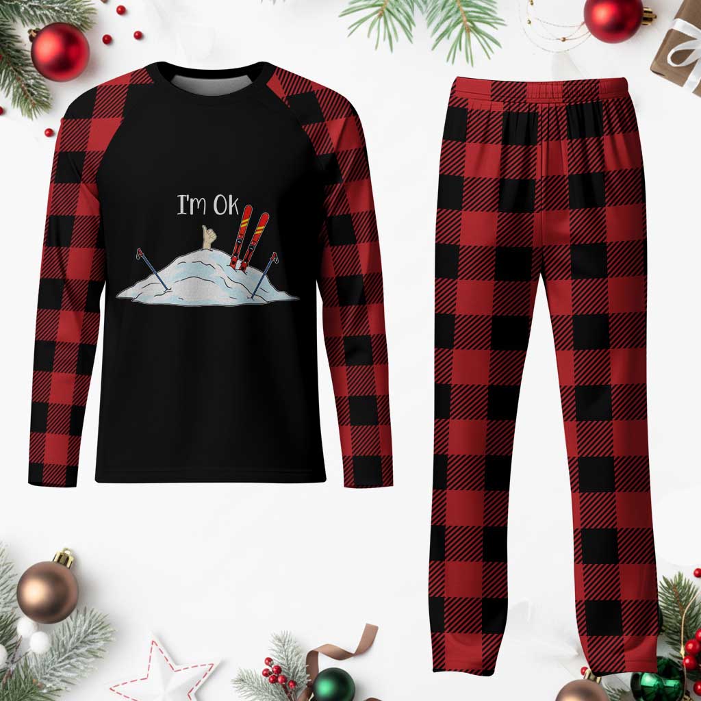 Funny Skiing Snowboarding Plaid Pajama Set I Am Okay Ski Crash Winter Sport - Wonder Print Shop