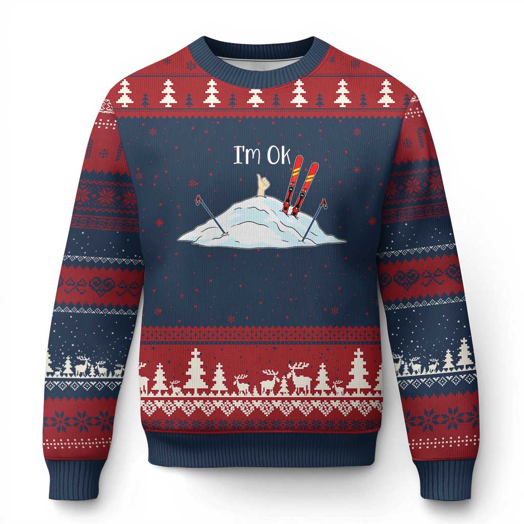 Funny Skiing Snowboarding Ugly Christmas Sweater I Am Okay Ski Crash Winter Sport - Wonder Print Shop