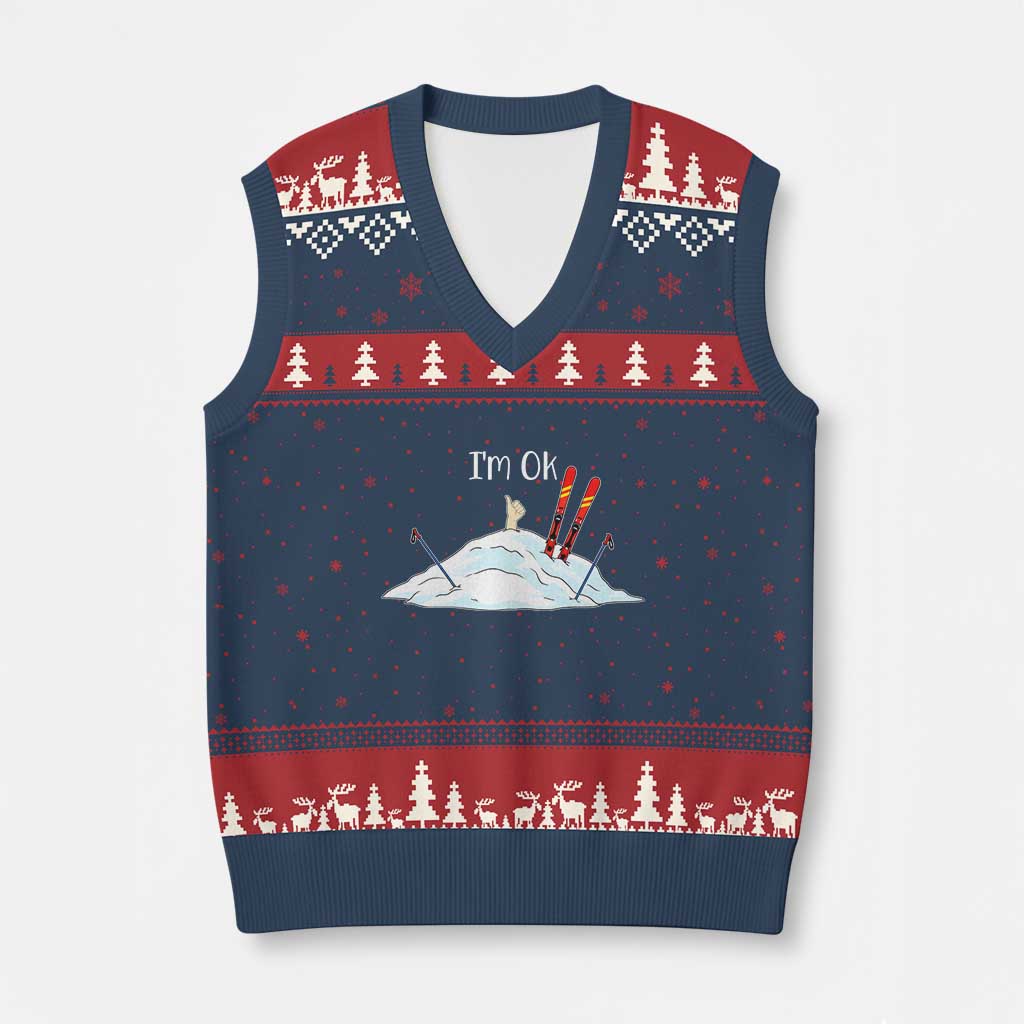 Funny Skiing Snowboarding V-Neck Knit Sweater Vest I Am Okay Ski Crash Winter Sport - Wonder Print Shop