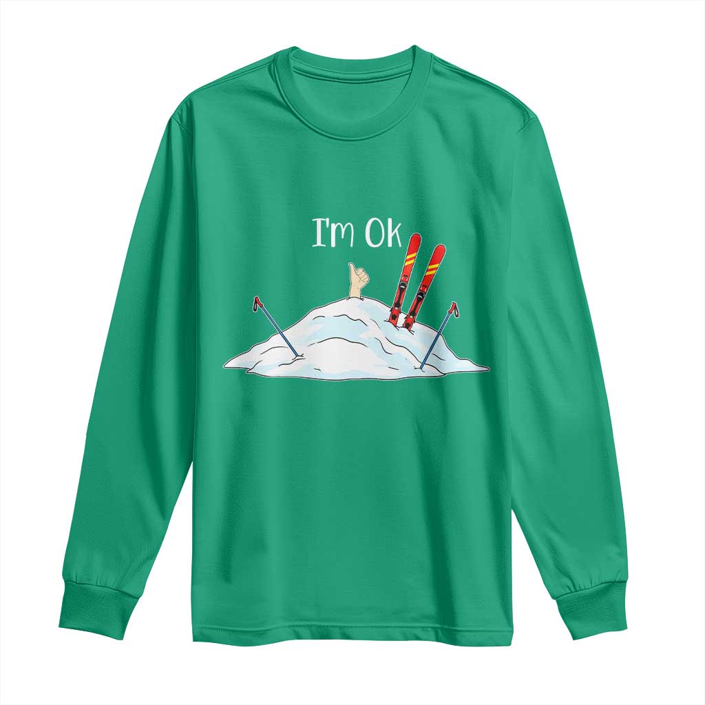 Funny Skiing Snowboarding Long Sleeve Shirt I Am Okay Ski Crash Winter Sport - Wonder Print Shop