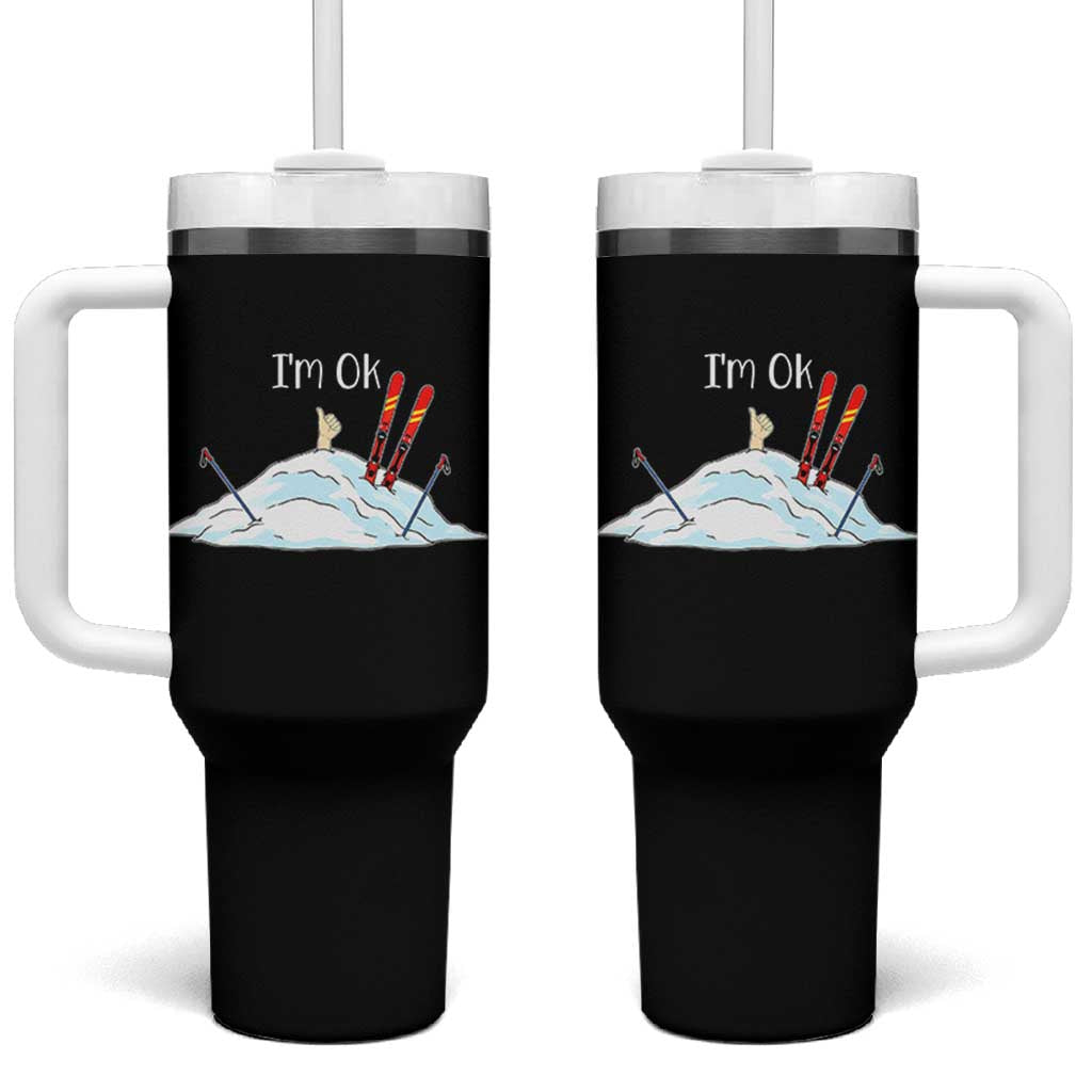 Funny Skiing Snowboarding Tumbler With Handle I Am Okay Ski Crash Winter Sport - Wonder Print Shop