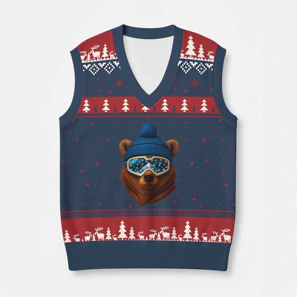 Grizzly Bear Snowboard Goggles Skiing Snow Winter Sport V-Neck Knit Sweater Vest - Wonder Print Shop