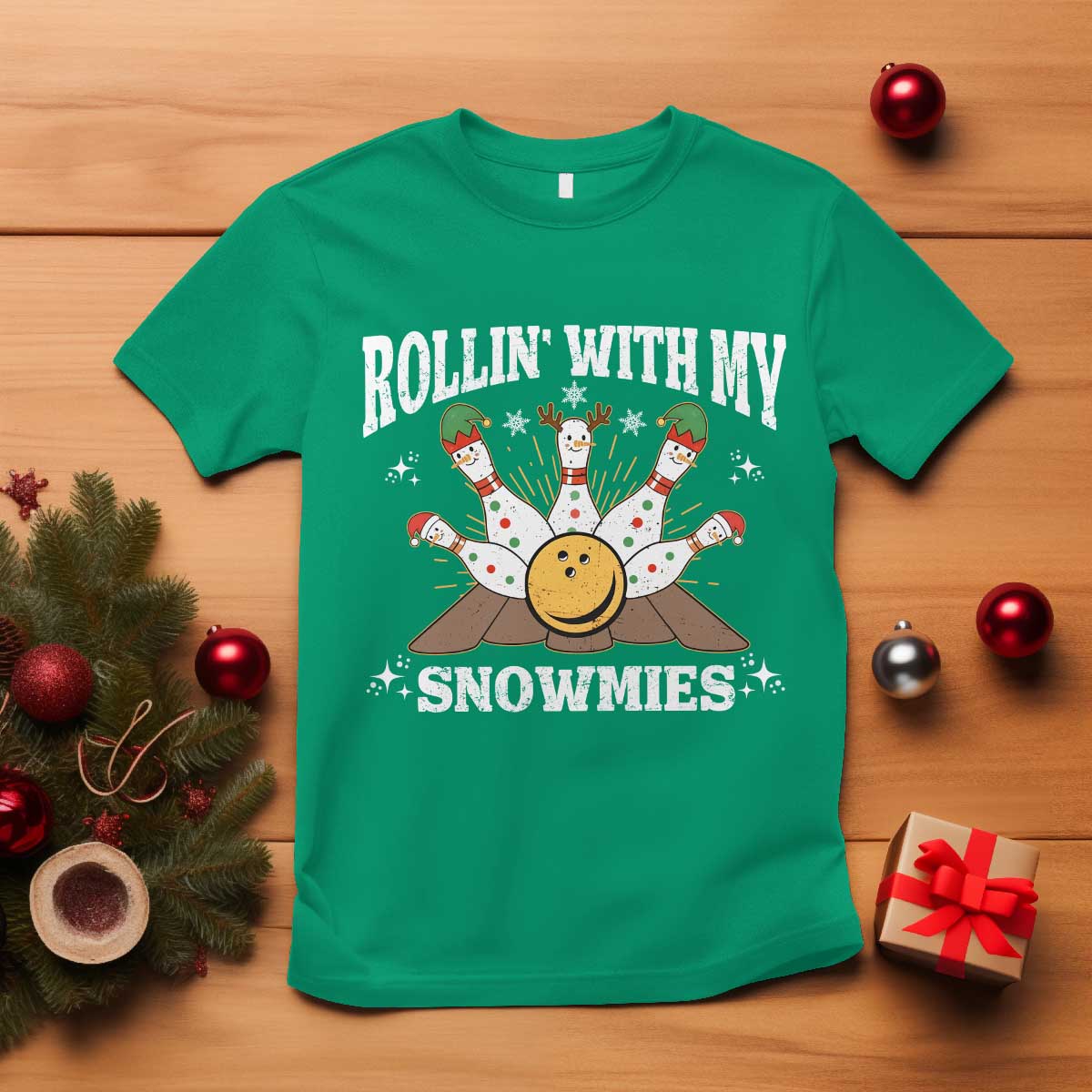 Funny Christmas Bowling T Shirt Rollin With My Snowmies Bowling Pins - Wonder Print Shop