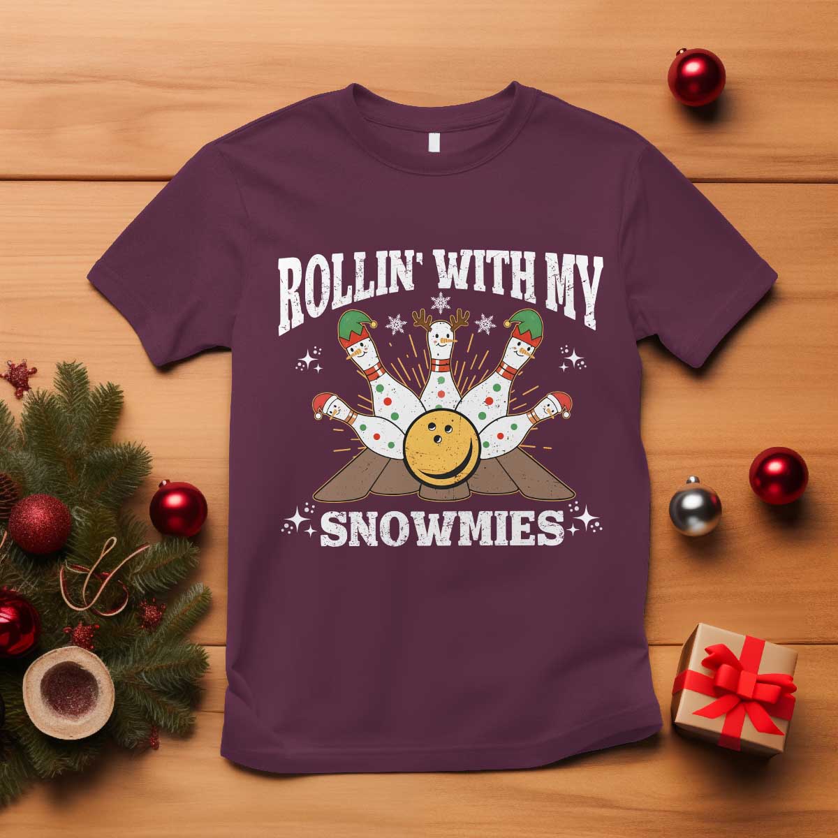 Funny Christmas Bowling T Shirt Rollin With My Snowmies Bowling Pins - Wonder Print Shop