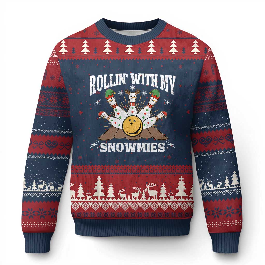 Funny Xmas Bowling Ugly Christmas Sweater Rollin With My Snowmies Bowling Pins - Wonder Print Shop