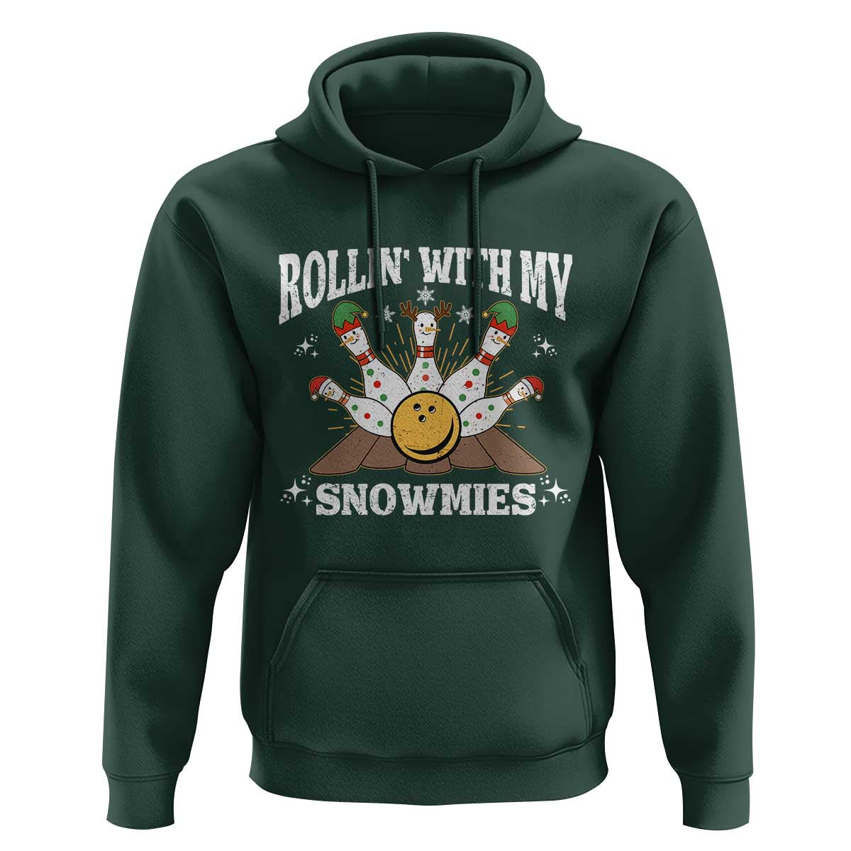 Funny Christmas Bowling Hoodie Rollin With My Snowmies Bowling Pins - Wonder Print Shop