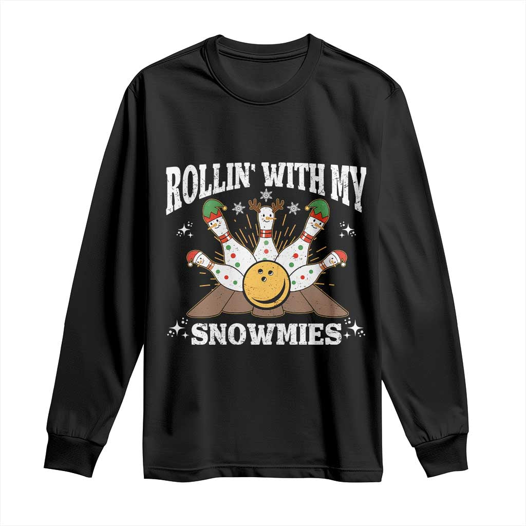 Funny Christmas Bowling Long Sleeve Shirt Rollin With My Snowmies Bowling Pins - Wonder Print Shop