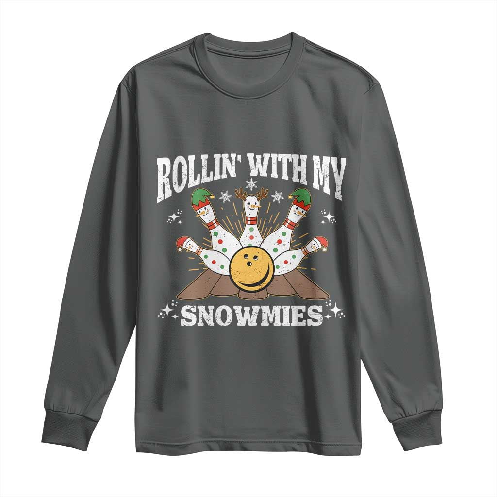Funny Christmas Bowling Long Sleeve Shirt Rollin With My Snowmies Bowling Pins - Wonder Print Shop