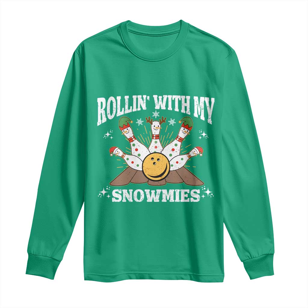 Funny Christmas Bowling Long Sleeve Shirt Rollin With My Snowmies Bowling Pins - Wonder Print Shop