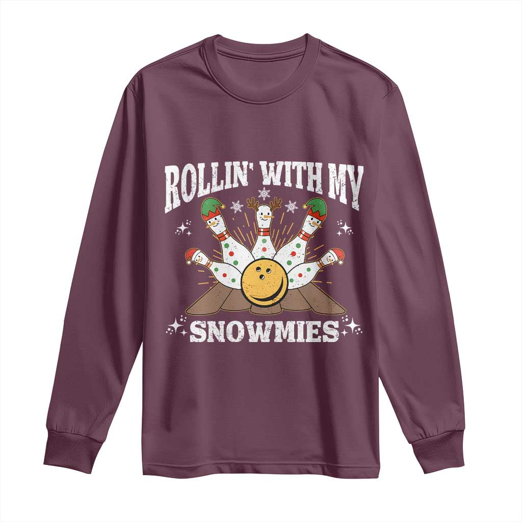 Funny Christmas Bowling Long Sleeve Shirt Rollin With My Snowmies Bowling Pins - Wonder Print Shop