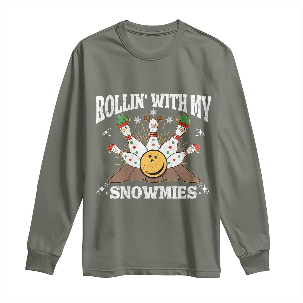 Funny Christmas Bowling Long Sleeve Shirt Rollin With My Snowmies Bowling Pins - Wonder Print Shop
