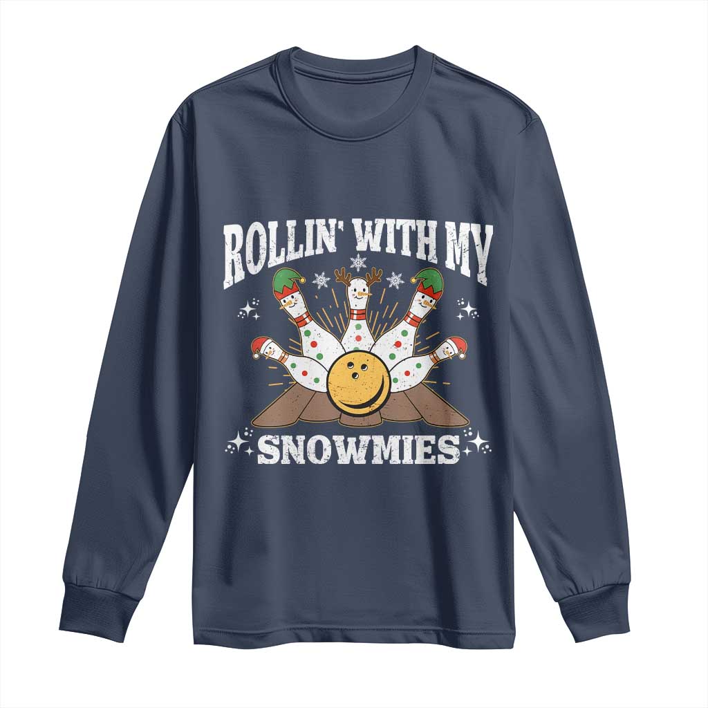 Funny Christmas Bowling Long Sleeve Shirt Rollin With My Snowmies Bowling Pins - Wonder Print Shop