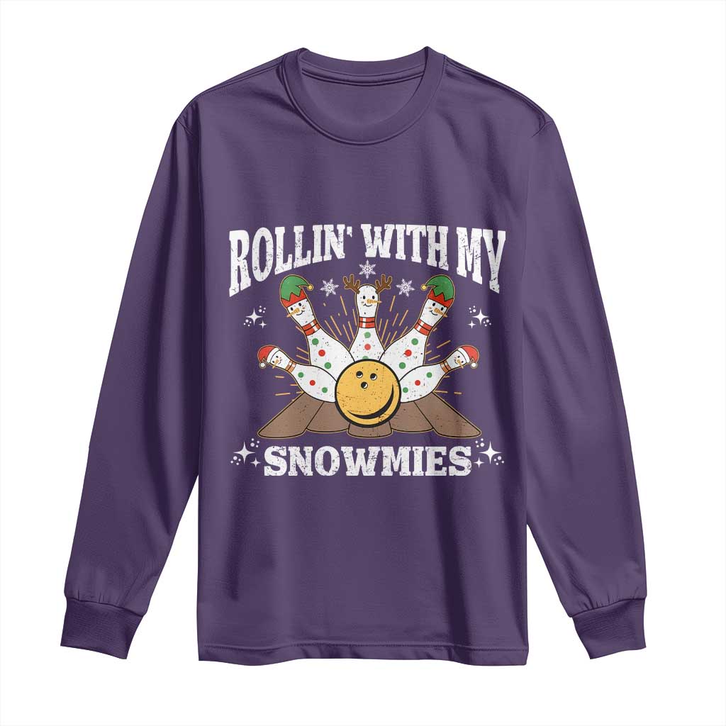 Funny Christmas Bowling Long Sleeve Shirt Rollin With My Snowmies Bowling Pins - Wonder Print Shop