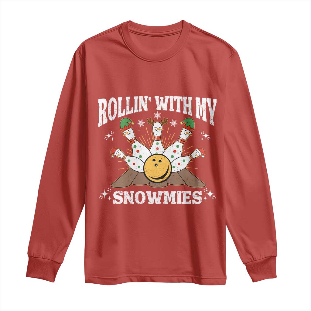 Funny Christmas Bowling Long Sleeve Shirt Rollin With My Snowmies Bowling Pins - Wonder Print Shop
