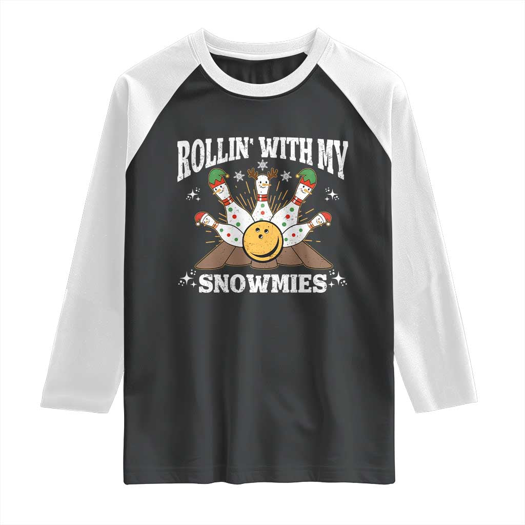 Funny Christmas Bowling Raglan Shirt Rollin With My Snowmies Bowling Pins - Wonder Print Shop