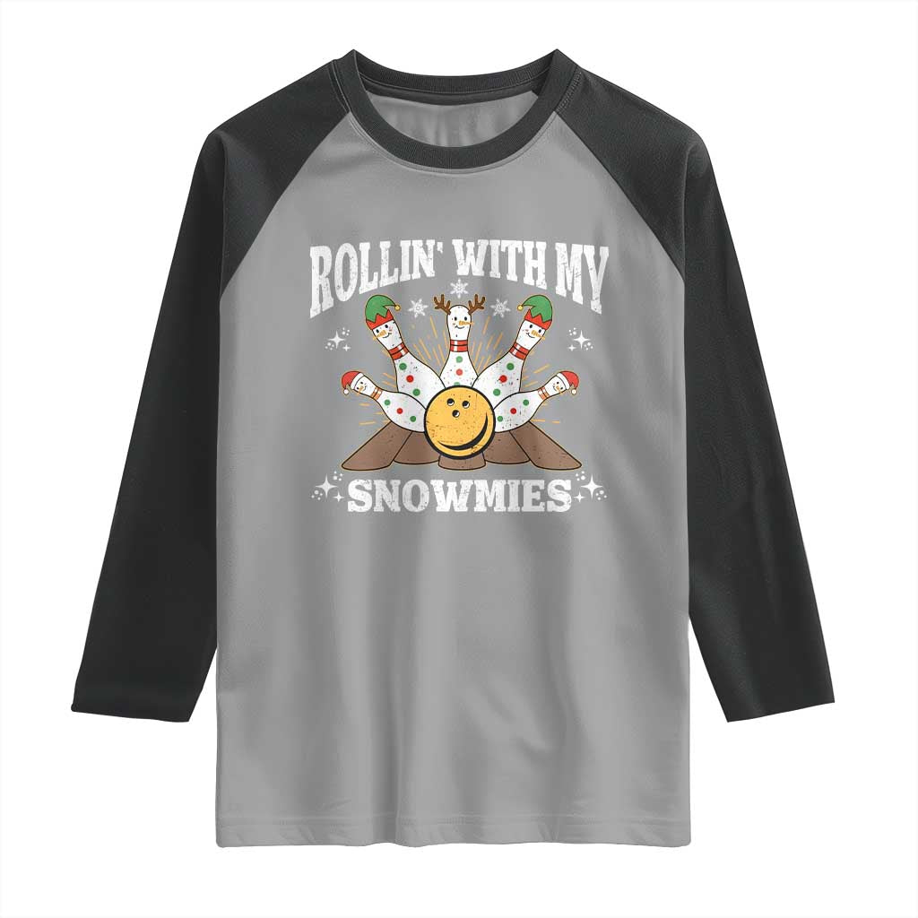 Funny Christmas Bowling Raglan Shirt Rollin With My Snowmies Bowling Pins - Wonder Print Shop