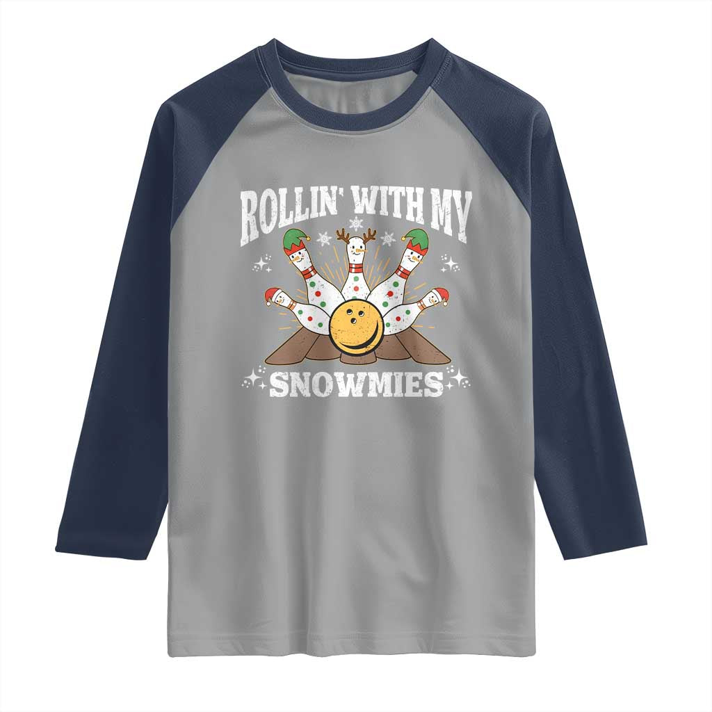 Funny Christmas Bowling Raglan Shirt Rollin With My Snowmies Bowling Pins - Wonder Print Shop