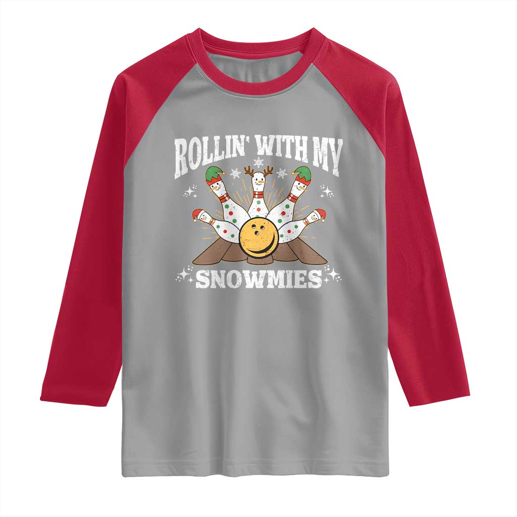 Funny Christmas Bowling Raglan Shirt Rollin With My Snowmies Bowling Pins - Wonder Print Shop
