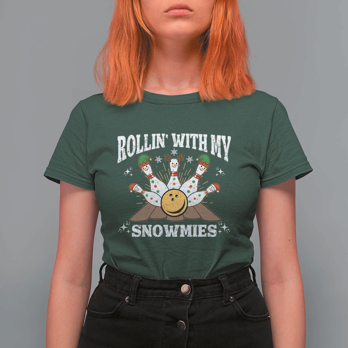 Funny Christmas Bowling T Shirt For Women Rollin With My Snowmies Bowling Pins - Wonder Print Shop