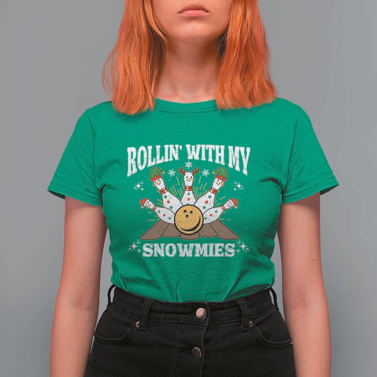 Funny Christmas Bowling T Shirt For Women Rollin With My Snowmies Bowling Pins - Wonder Print Shop