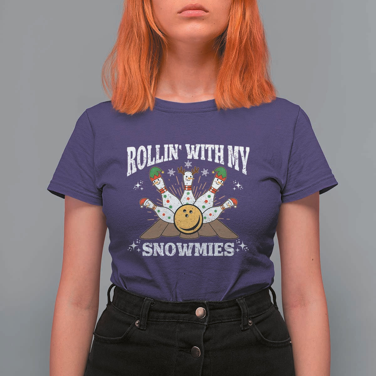Funny Christmas Bowling T Shirt For Women Rollin With My Snowmies Bowling Pins - Wonder Print Shop