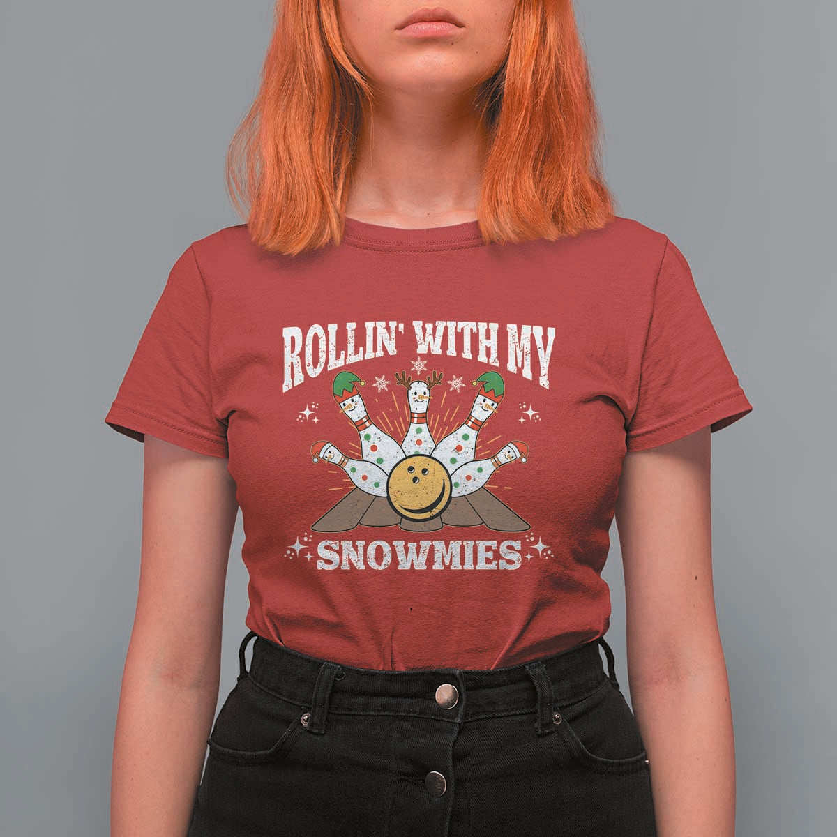 Funny Christmas Bowling T Shirt For Women Rollin With My Snowmies Bowling Pins - Wonder Print Shop