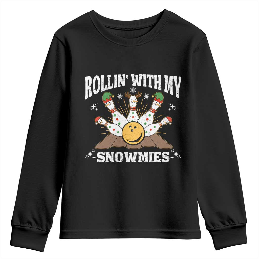 Funny Christmas Bowling Youth Sweatshirt Rollin With My Snowmies Bowling Pins - Wonder Print Shop