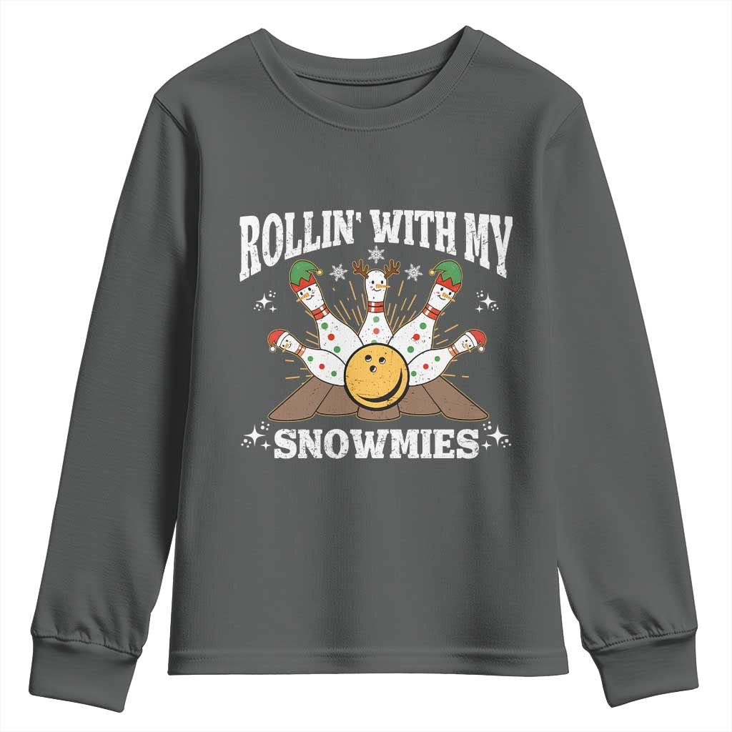Funny Christmas Bowling Youth Sweatshirt Rollin With My Snowmies Bowling Pins - Wonder Print Shop