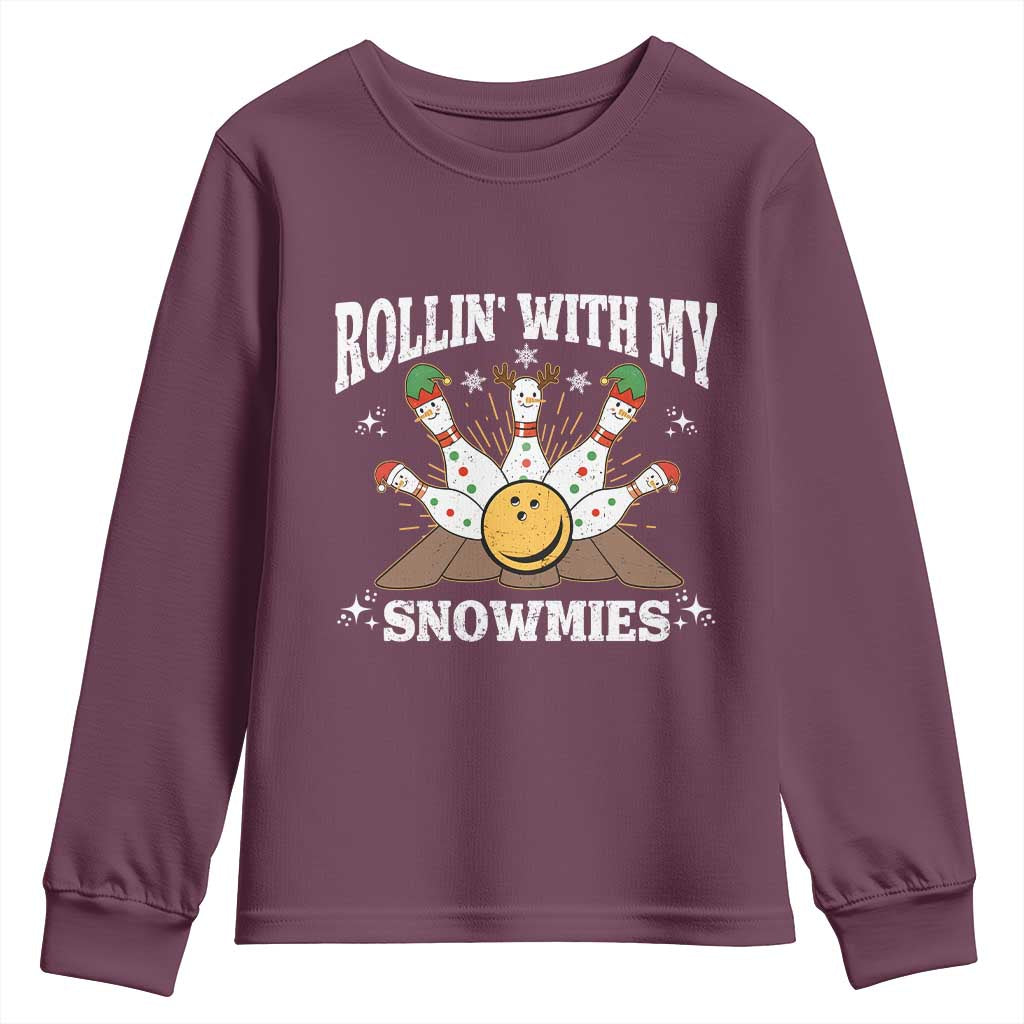 Funny Christmas Bowling Youth Sweatshirt Rollin With My Snowmies Bowling Pins - Wonder Print Shop