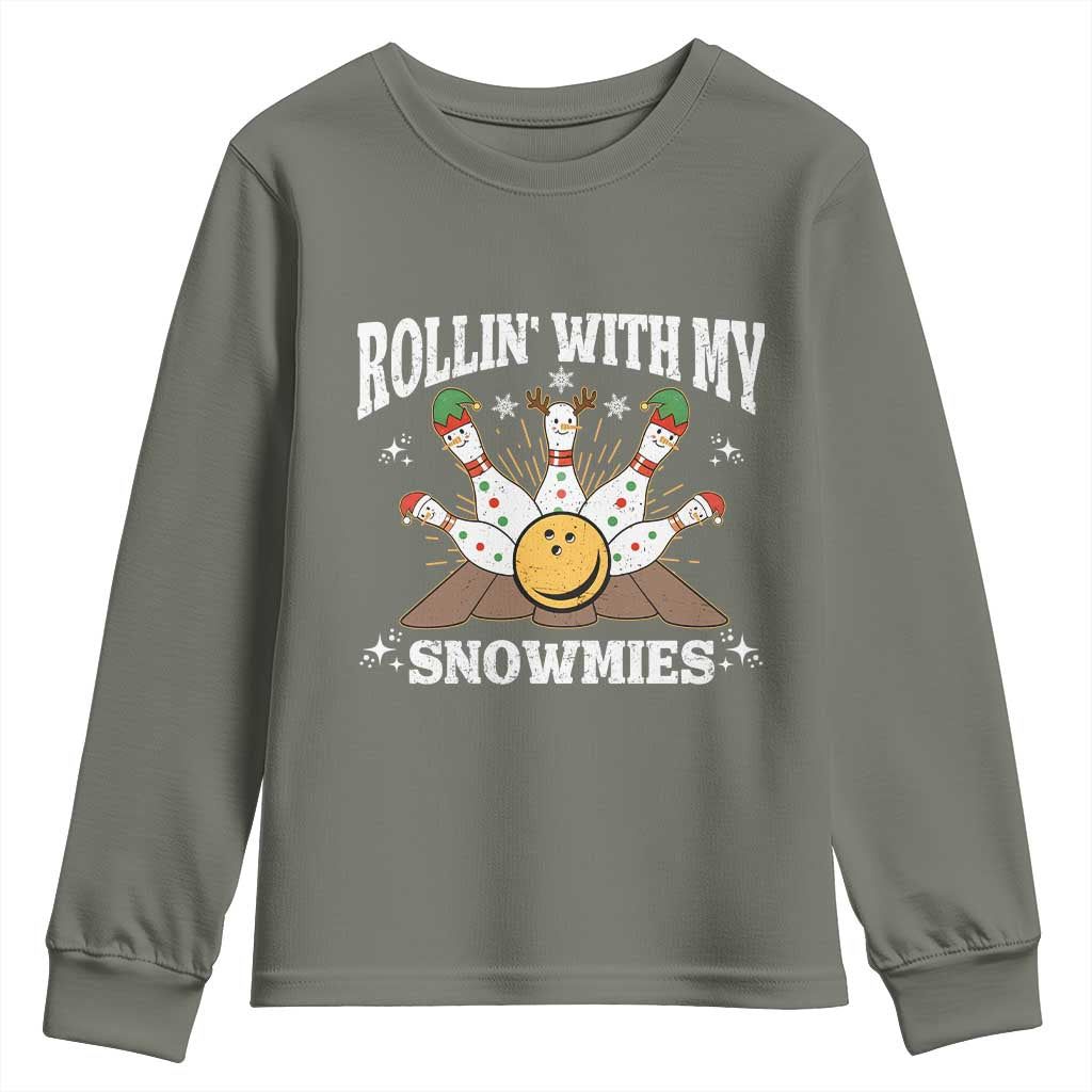 Funny Christmas Bowling Youth Sweatshirt Rollin With My Snowmies Bowling Pins - Wonder Print Shop