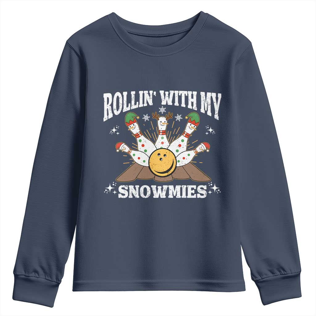Funny Christmas Bowling Youth Sweatshirt Rollin With My Snowmies Bowling Pins - Wonder Print Shop
