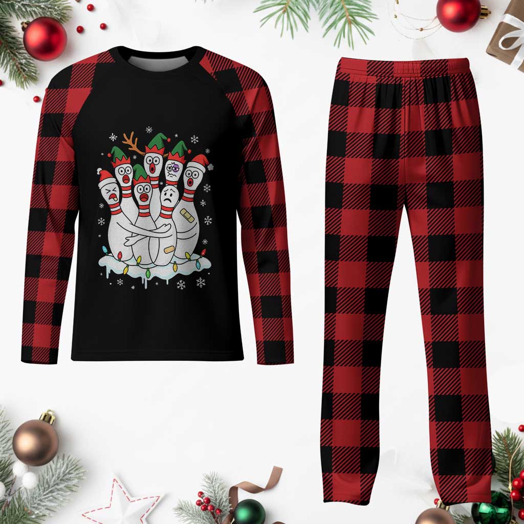 Funny Scared Cartoon Christmas Bowling Pins Plaid Pajama Set - Wonder Print Shop