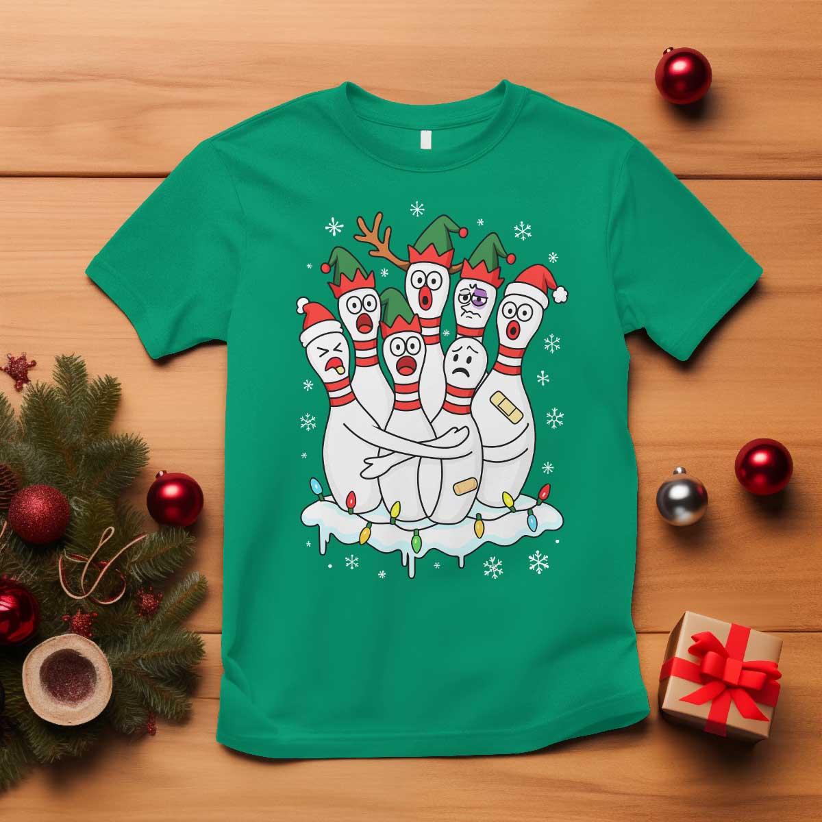 Funny Scared Cartoon Christmas Bowling Pins T Shirt - Wonder Print Shop
