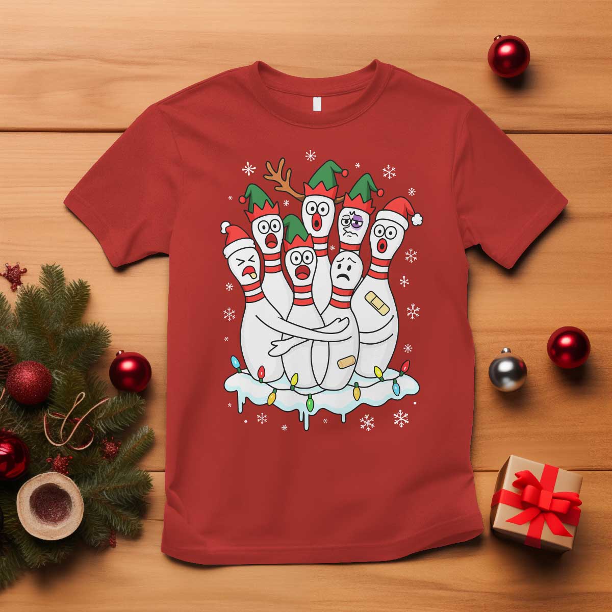 Funny Scared Cartoon Christmas Bowling Pins T Shirt - Wonder Print Shop