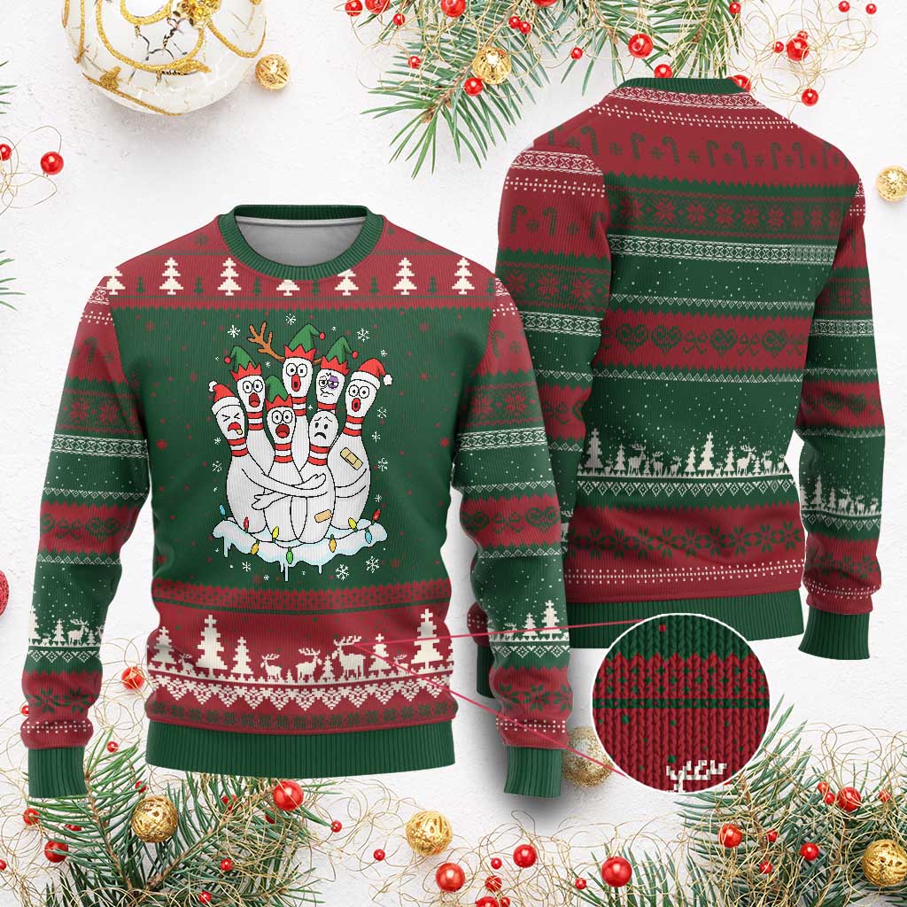 Funny Scared Cartoon Xmas Bowling Pins Ugly Christmas Sweater - Wonder Print Shop