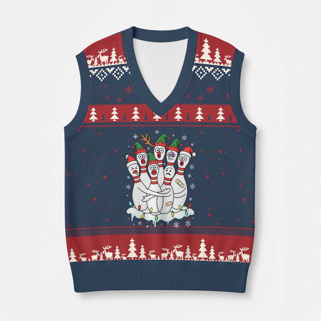 Funny Scared Cartoon Xmas Bowling Pins V-Neck Knit Sweater Vest - Wonder Print Shop