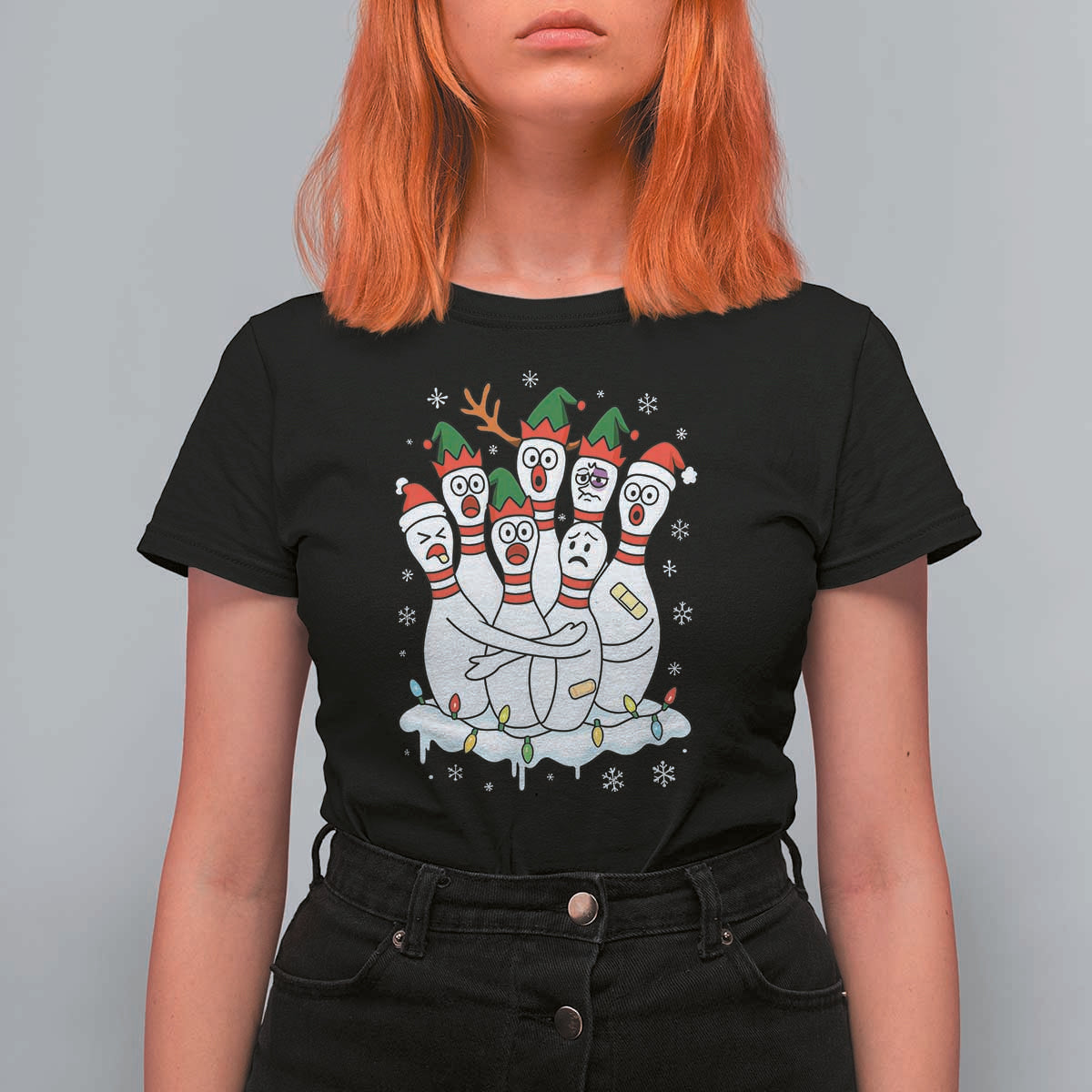 Funny Scared Cartoon Christmas Bowling Pins T Shirt For Women - Wonder Print Shop